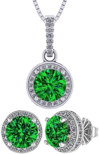Central Diamond Center Round Halo Earring & Necklace Set w/ 6.5mm Simulated Birthstones in 925 Sterling Silver, Hypoallergenic