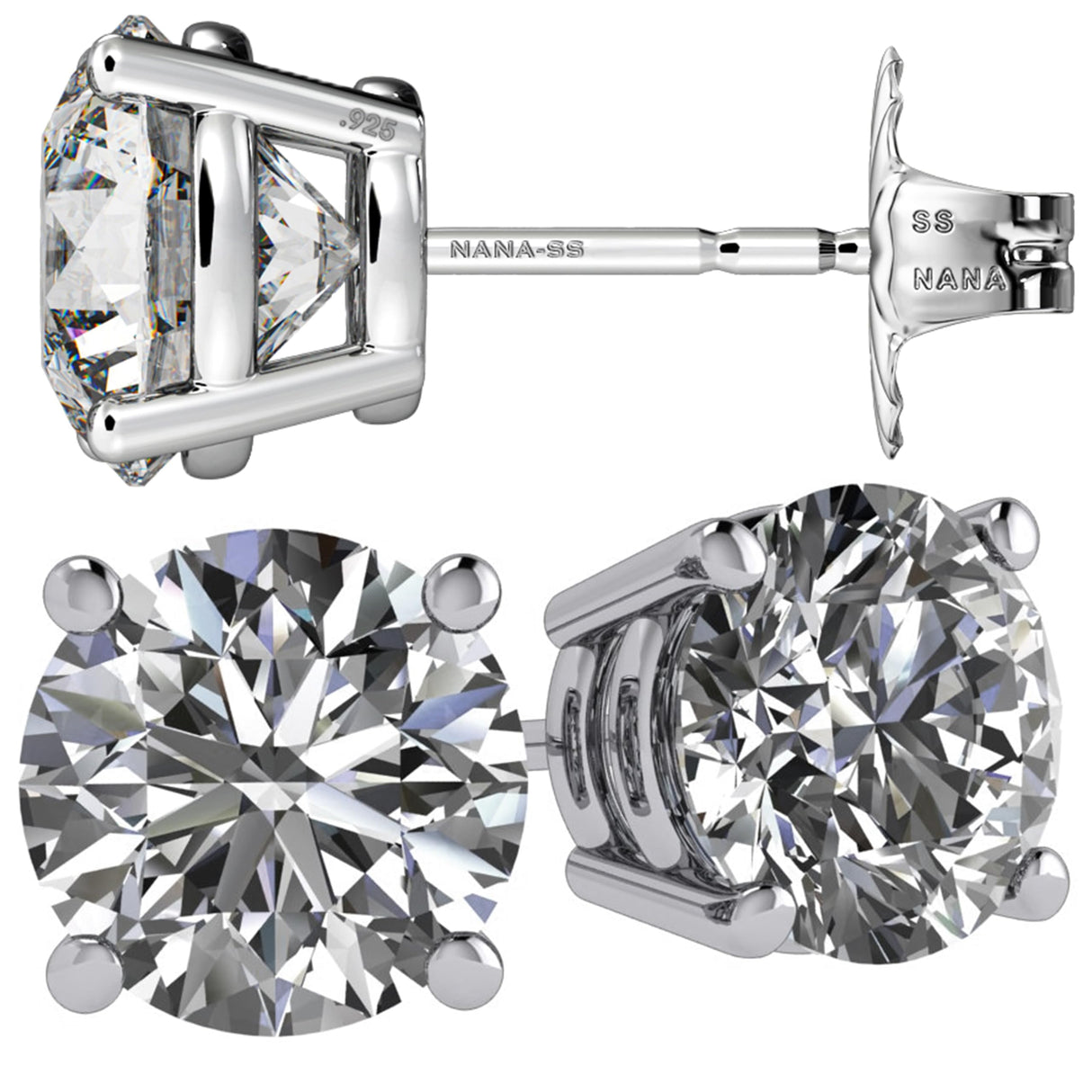 Simulated Diamond Stud Earrings Round Sterling Silver Hypoallergenic 0.30-8.00cttw