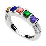 Central Diamond Center Princess Mothers Birthstone Ring w/Accent CZs on 3 Sides w/1-6 Simulated Gemstones in Silver, 10K or 14K Gold