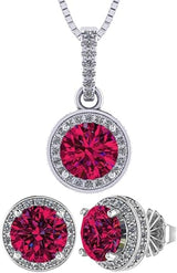 Central Diamond Center Round Halo Earring & Necklace Set w/ 6.5mm Simulated Birthstones in 925 Sterling Silver, Hypoallergenic
