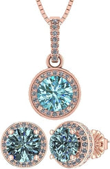 Central Diamond Center Round Halo Earring & Necklace Set w/ 6.5mm Simulated Birthstones in 925 Sterling Silver, Hypoallergenic