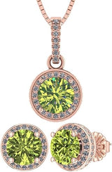 Central Diamond Center Round Halo Earring & Necklace Set w/ 6.5mm Simulated Birthstones in 925 Sterling Silver, Hypoallergenic