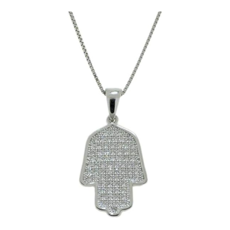 Central Diamond Center Simulated Diamonds Halo Hamsa Pendant Sterling Silver and box chain