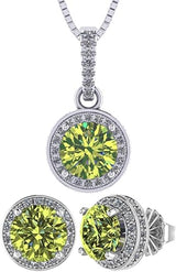 Central Diamond Center Round Halo Earring & Necklace Set w/ 6.5mm Simulated Birthstones in 925 Sterling Silver, Hypoallergenic