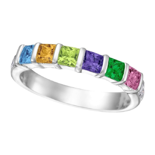 Central Diamond Center Princess w/Sides Mothers Rings with 1 to 6 Simulated Birthstones, Sterling Silver, 10K or 14K Gold