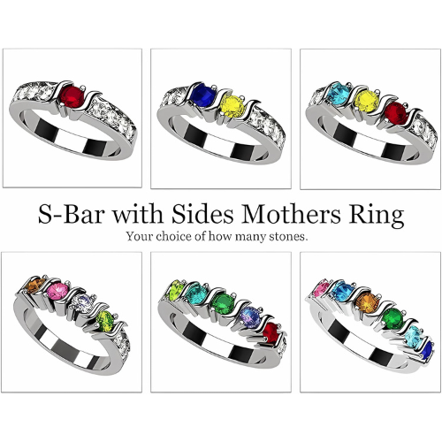 Central Diamond Center S-Bar with Sides Mothers Birthstone Ring in Sterling Silver, 10K or 14K Gold w/ 1-6 Simulated Gemstones