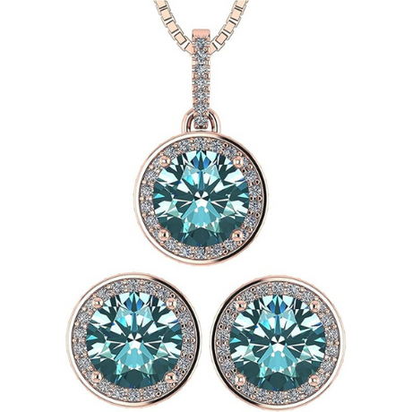 Central Diamond Center Round Halo Earring & Necklace Set w/ 6.5mm Simulated Birthstones in 925 Sterling Silver, Hypoallergenic