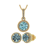 Central Diamond Center Round Halo Earring & Necklace Set w/ 6.5mm Simulated Birthstones in 925 Sterling Silver, Hypoallergenic