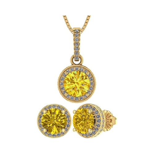 Central Diamond Center Round Halo Earring & Necklace Set w/ 6.5mm Simulated Birthstones in 925 Sterling Silver, Hypoallergenic