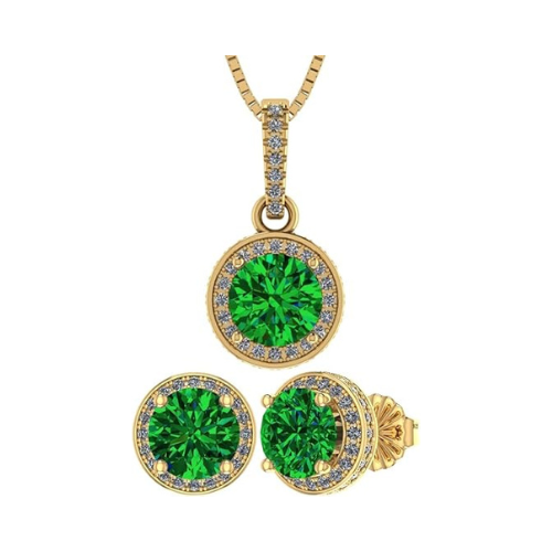 Central Diamond Center Round Halo Earring & Necklace Set w/ 6.5mm Simulated Birthstones in 925 Sterling Silver, Hypoallergenic