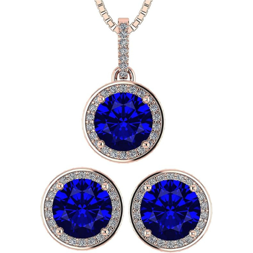 Central Diamond Center Round Halo Earring & Necklace Set w/ 6.5mm Simulated Birthstones in 925 Sterling Silver, Hypoallergenic