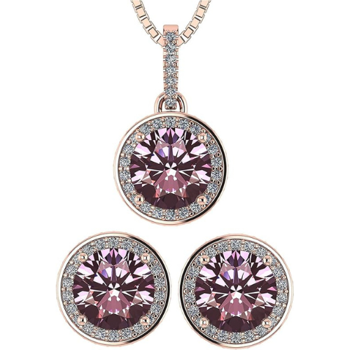 Central Diamond Center Round Halo Earring & Necklace Set w/ 6.5mm Simulated Birthstones in 925 Sterling Silver, Hypoallergenic