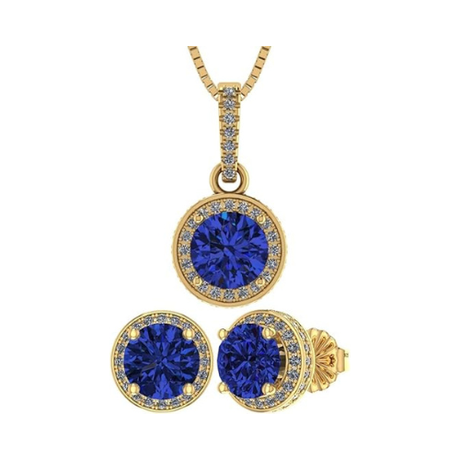 Central Diamond Center Round Halo Earring & Necklace Set w/ 6.5mm Simulated Birthstones in 925 Sterling Silver, Hypoallergenic