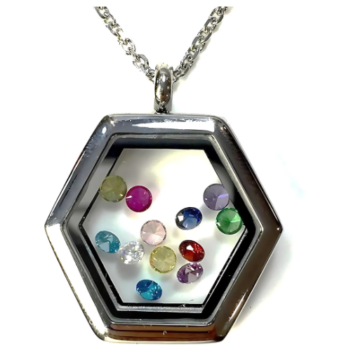 Central Diamond Center Stainless Steel Mother's  Hexagon Locket Pendant (Jan-Dec) Yellow/White/Rose Plated With A Chain
