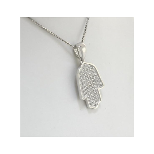 Central Diamond Center Simulated Diamonds Halo Hamsa Pendant Sterling Silver and box chain