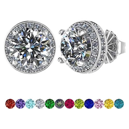 Round Halo Birthstone Stud Earrings 6.5mm Sterling Silver Pure Brilliance Zirconia & Simulated Gemstones