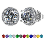 Round Halo Birthstone Stud Earrings 6.5mm Sterling Silver Pure Brilliance Zirconia & Simulated Gemstones