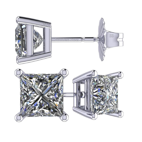 NANA Jewels Princess Cut Simulated Diamond Stud Earrings Silver & CZ 1.50ct - 4.00ct Hypoallergenic