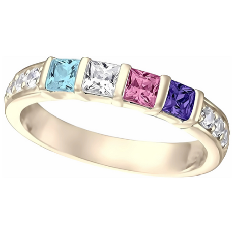 Central Diamond Center Princess w/Sides Mothers Rings with 1 to 6 Simulated Birthstones, Sterling Silver, 10K or 14K Gold