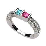 Central Diamond Center Princess Cut Birthstone Couples Ring w/CZs on 3 Sides, Sterling Silver, 10K, or 14K Gold