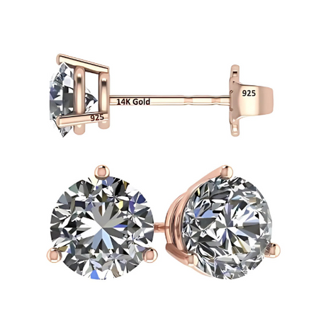 14K Gold Post & Sterling Silver Pure Brilliance Zirconia 3 Prong Martini Style Stud Earrings 1.0ct to 4ct