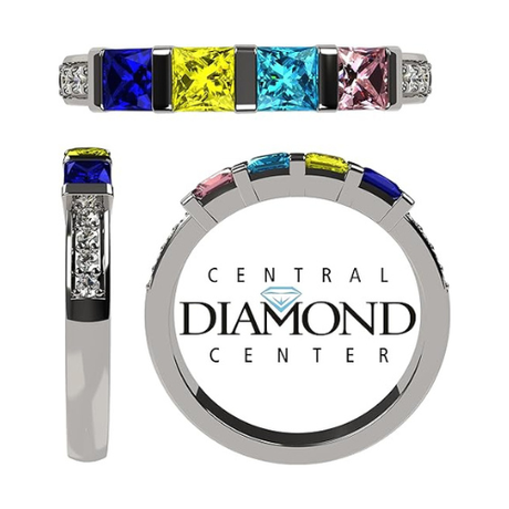 Central Diamond Center Princess w/Sides Mothers Rings with 1 to 6 Simulated Birthstones, Sterling Silver, 10K or 14K Gold