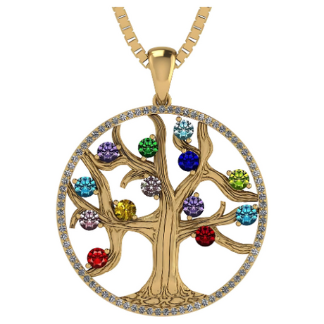 Central Diamond Center Tree of Life Mothers Birthstone Necklace in Silver-10K or 14K Gold Up to 12stones