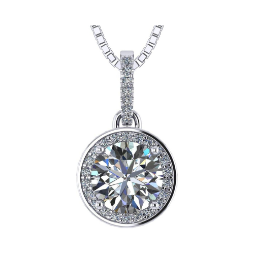 Round Simulated Diamond Solitaire Necklace/Pendant- Double Halo from 1 to 3 carat center- Sterling Silver