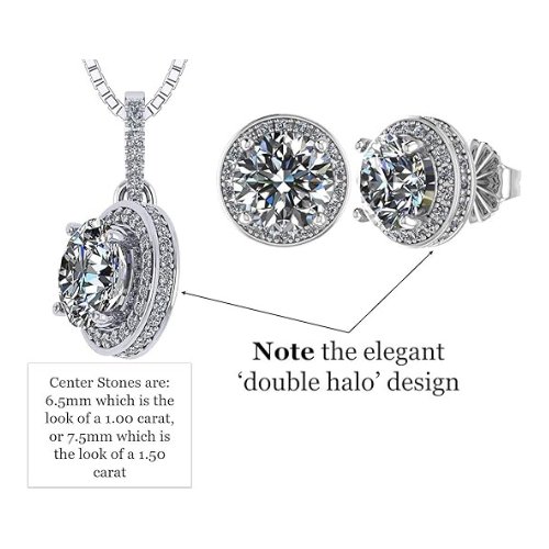 Central Diamond Center Halo Earring & Necklace Set, Solid Sterling Silver w/Pure Brilliance Zirconia - Hypoallergenic