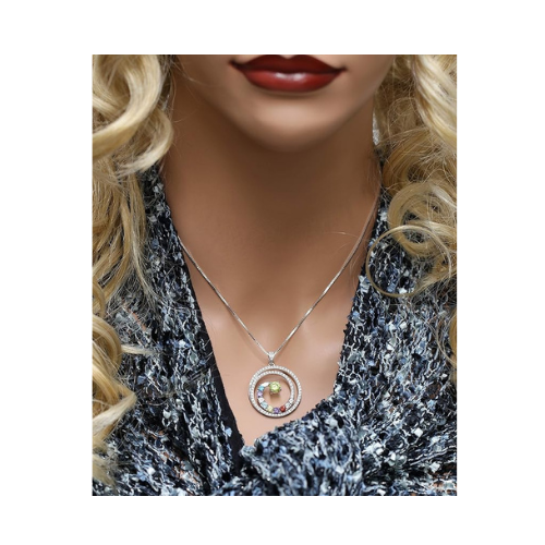 Central Diamond Center Swirl Birthstone Mothers Necklace w/ 1 to 9 Simulated Gemstones in Silver, 10K, or 14K Gold For Women