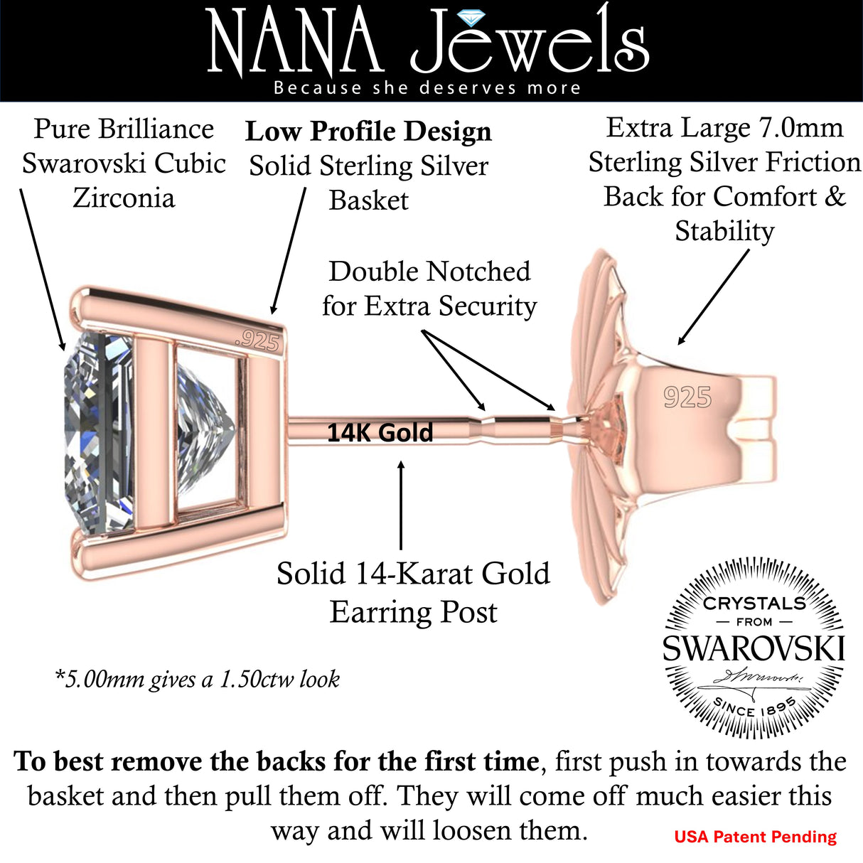 14K Gold Posts & Sterling Silver Princess Cut CZ Stud Earrings w/Pure Brilliance Zirconia, 1.50-4.00ctw