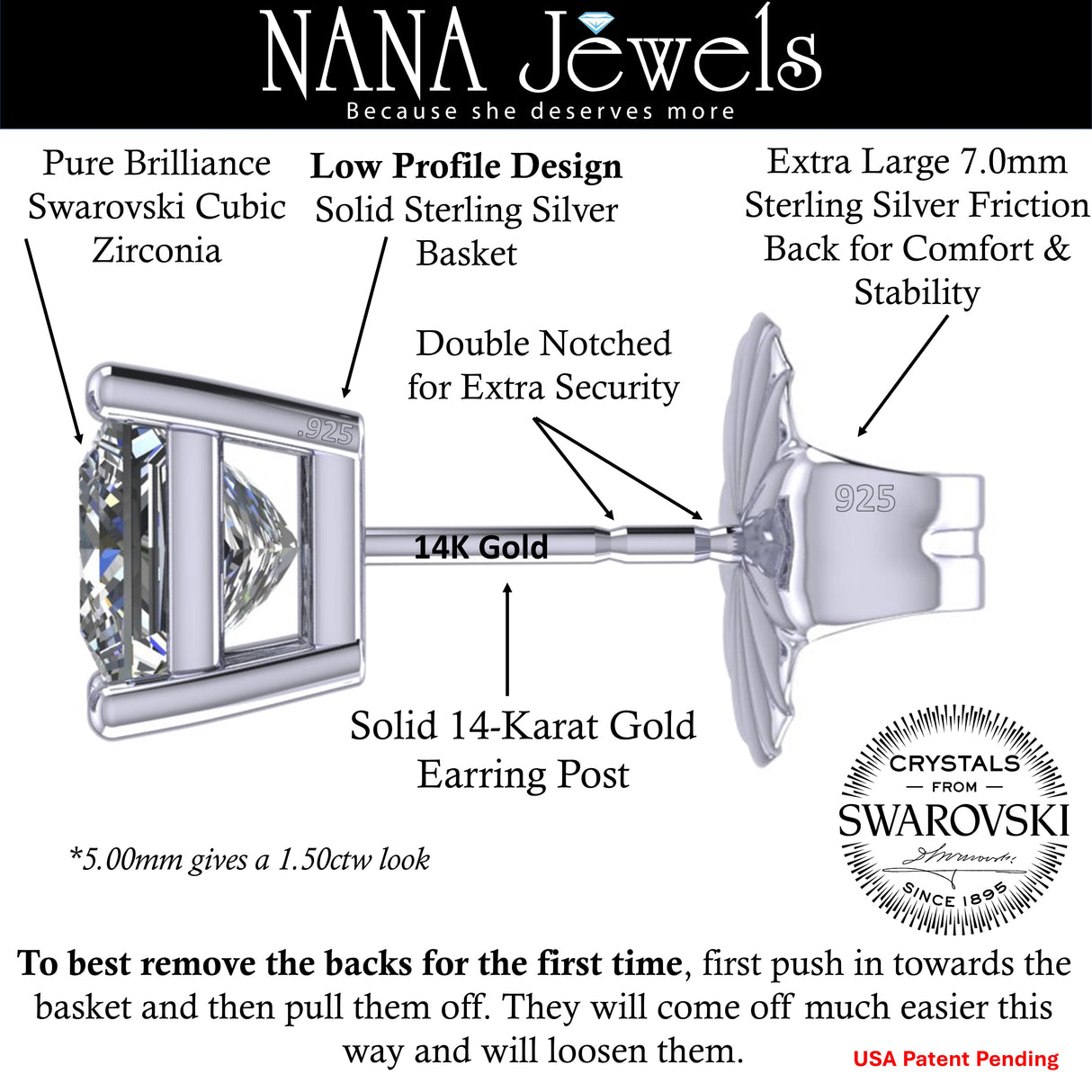 14K Gold Posts & Sterling Silver Princess Cut CZ Stud Earrings w/Pure Brilliance Zirconia, 1.50-4.00ctw