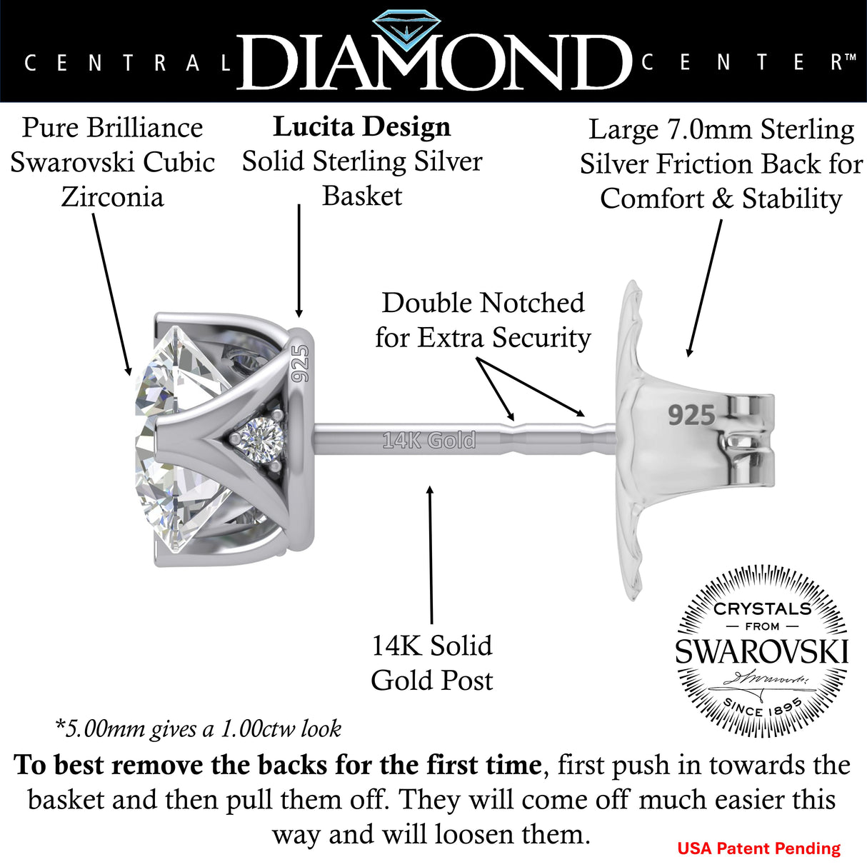 Lucita Simulated Diamond Stud Earrings with Solid 14K Gold Posts & Sterling Silver Basket, 3 & 4 Prongs