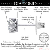 Lucita Simulated Diamond Stud Earrings with Solid 14K Gold Posts & Sterling Silver Basket, 3 & 4 Prongs