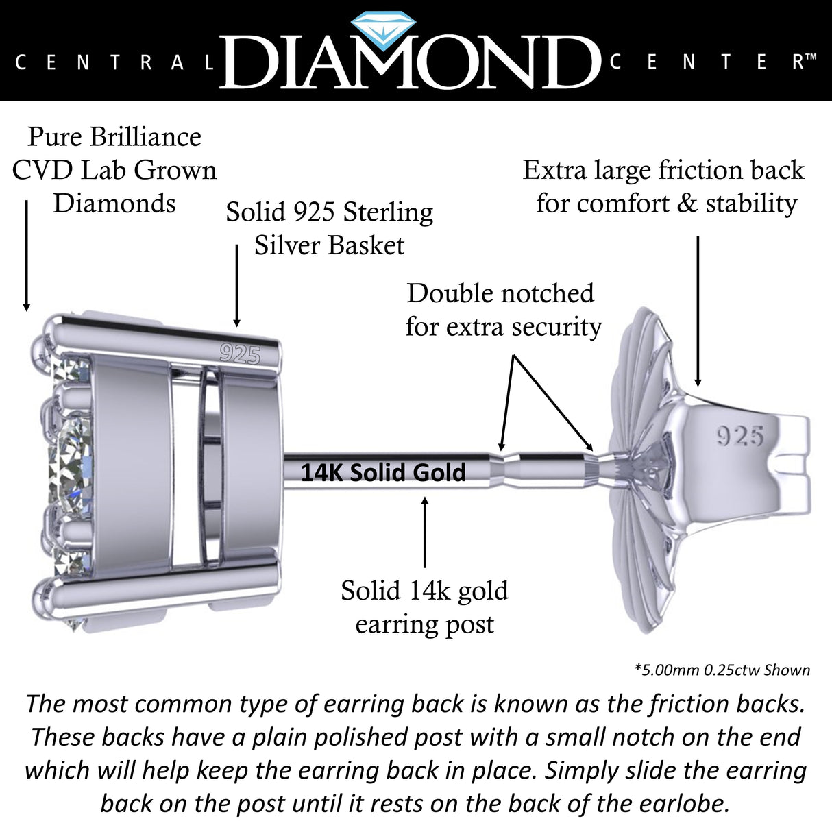 Diamond Stud Earrings CVD Lab Grown Diamonds solid 14K post & Silver basket, 7 or 9 Stone Cluster