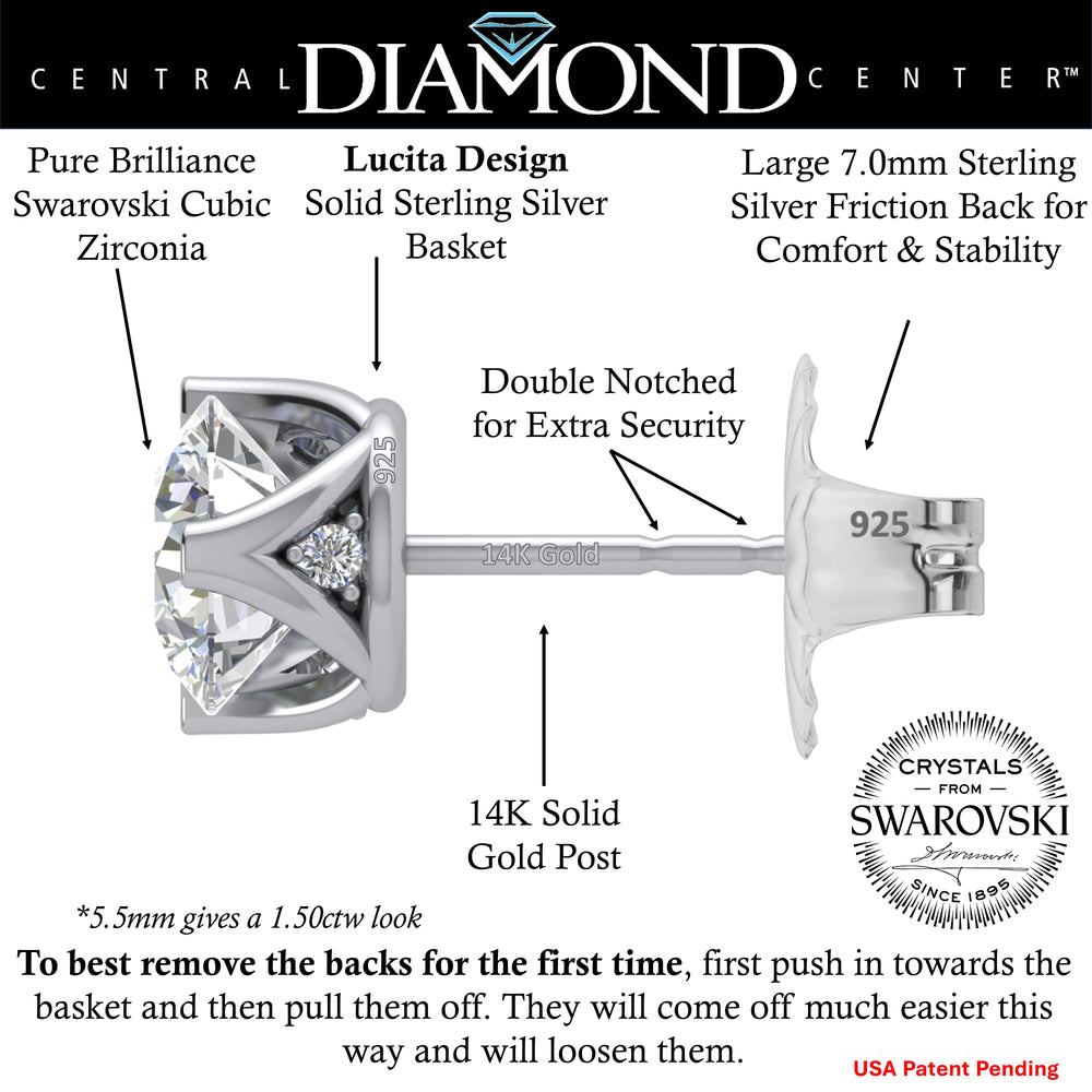 Lucita Simulated Diamond Stud Earrings with Solid 14K Gold Posts & Sterling Silver Basket, 3 & 4 Prongs