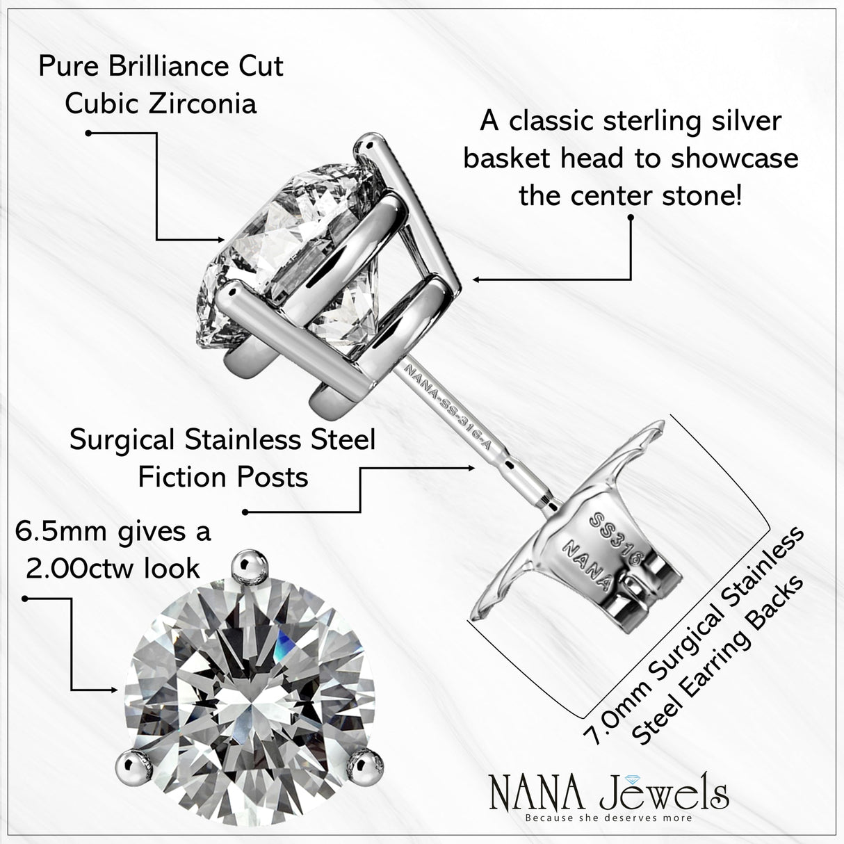 NANA Jewels Round Martini style Simulated Diamond Stud Earrings Silver & CZ 1.50ct-4.00ct Hypoallergenic