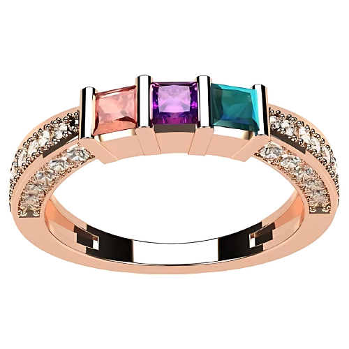 Central Diamond Center Princess Mothers Birthstone Ring w/Accent CZs on 3 Sides w/1-6 Simulated Gemstones in Silver, 10K or 14K Gold