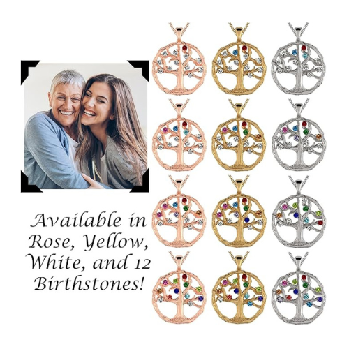 Central Diamond Center Tree of Life Mothers Birthstone Necklace in Silver-10K or 14K Gold. Up to 12stones