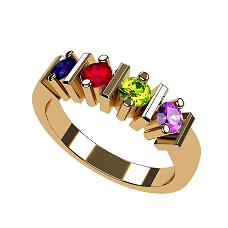 Central Diamond Center Straight Bar Mother's Ring Simulated Birthstone Ring w/ 1-6 Stones - Sterling Silver, 10K or 14K Gold
