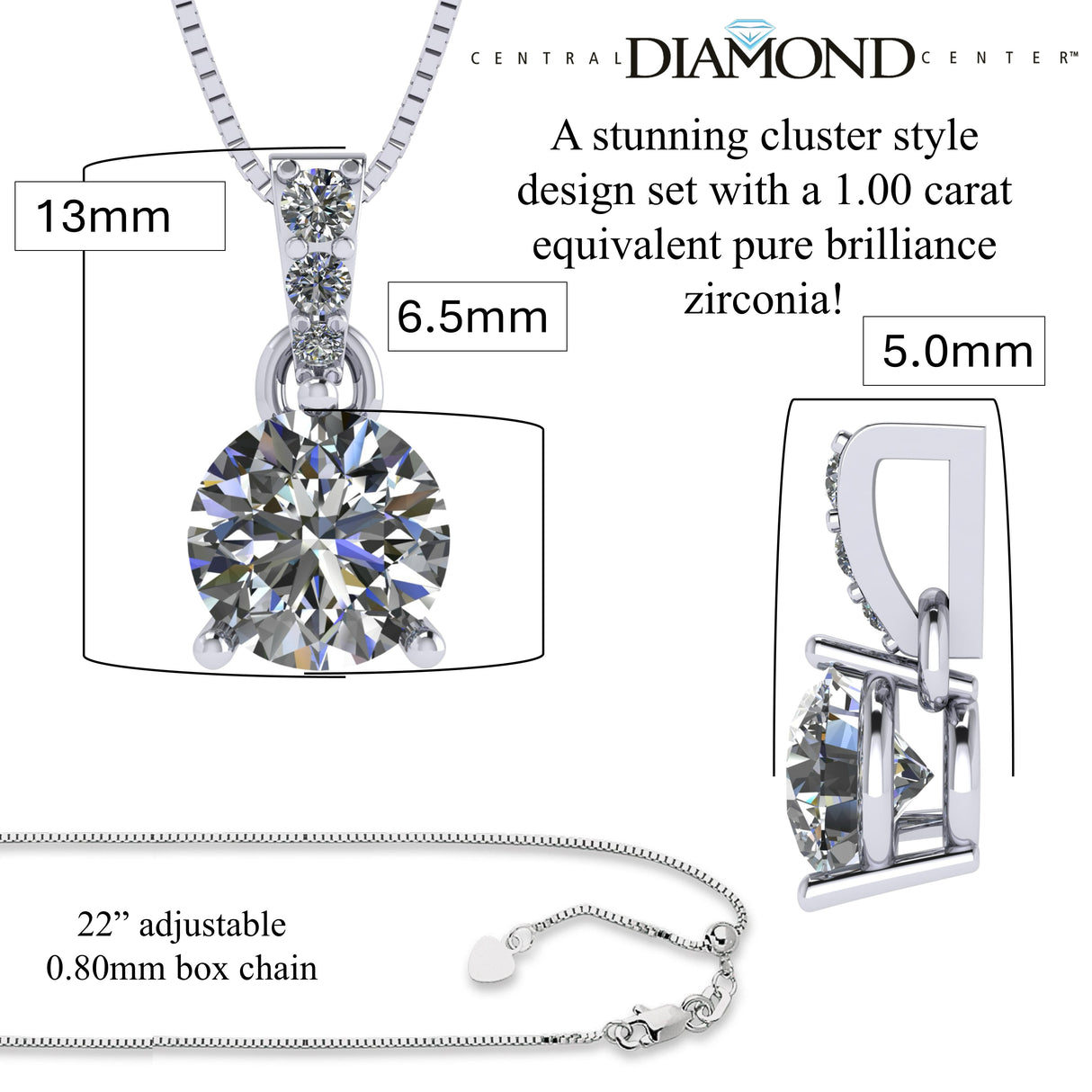 3 Prong Round Solitaire Simulated Diamond Necklace in Solid Sterling Silver with Pure Brilliance Zirconia