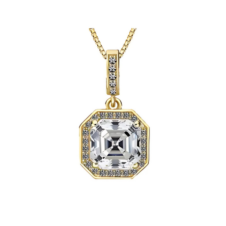 NANA Asscher Cut Halo CZ Simulated Diamond Solitaire Necklace Sterling Silver 7mm Zirconia Center Gemstone