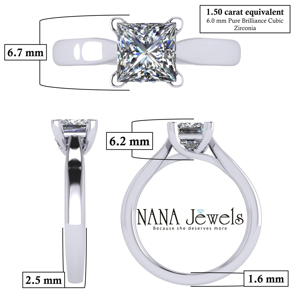 NANA Jewels 1 to4ct Simulated Diamond Engagement ring Princess Solitaire Lucita Cz & Silver