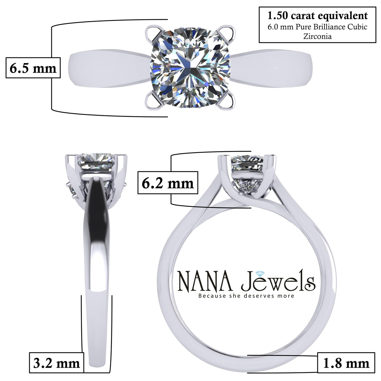 NANA Jewels 1to4ct Simulated Diamond Engagement ring Cushion Solitaire Lucita Cz & Silver