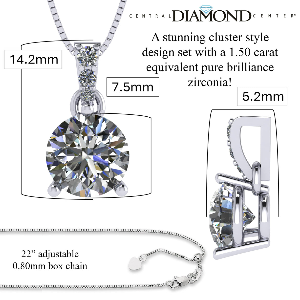 3 Prong Round Solitaire Simulated Diamond Necklace in Solid Sterling Silver with Pure Brilliance Zirconia