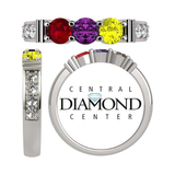 Central Diamond Center Shared Prong w/ Sides Mothers Birthstone Ring w/ 1-6 Simulated Gemstones in Sterling Silver, 10K, or 14K Gold