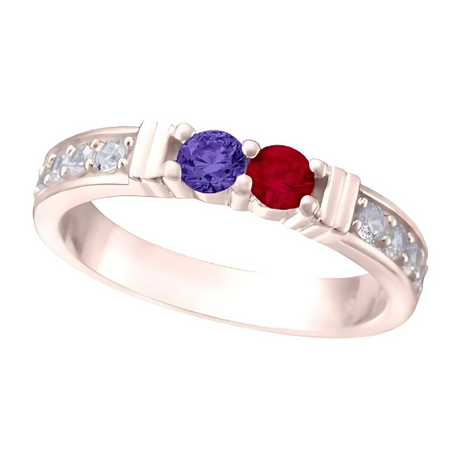 Central Diamond Center Shared Prong w/ Sides Couple 2 Stone Ring w/ Simulated Birthstones in Silver, 10K or 14k Gold