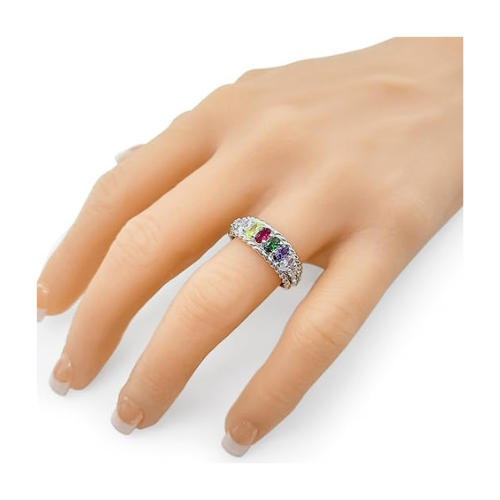 Central Diamond Center Oval Rope Mothers Birthstone Ring w/ 1 to 12 Simulated Gemstones in Sterling Silver, 10K, or 14K Gold For Women