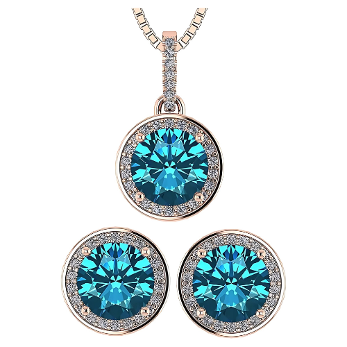Central Diamond Center Round Halo Earring & Necklace Set w/ 6.5mm Simulated Birthstones in 925 Sterling Silver, Hypoallergenic