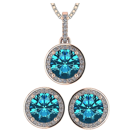 Central Diamond Center Round Halo Earring & Necklace Set w/ 6.5mm Simulated Birthstones in 925 Sterling Silver, Hypoallergenic